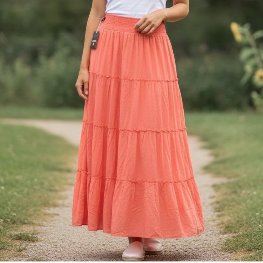 Luxveer (Skirt) (L) [Coral] [NEW] Tiered Smocked Waist Maxi Boho Rayon